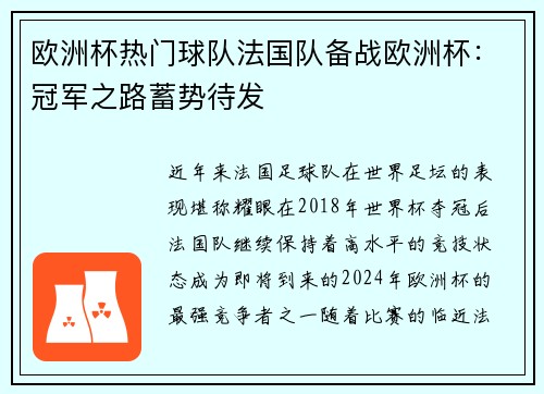 欧洲杯热门球队法国队备战欧洲杯：冠军之路蓄势待发