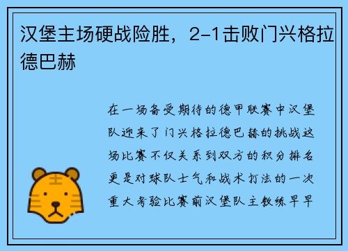 汉堡主场硬战险胜，2-1击败门兴格拉德巴赫