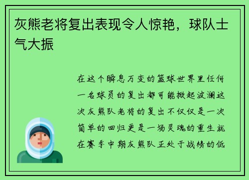 灰熊老将复出表现令人惊艳，球队士气大振