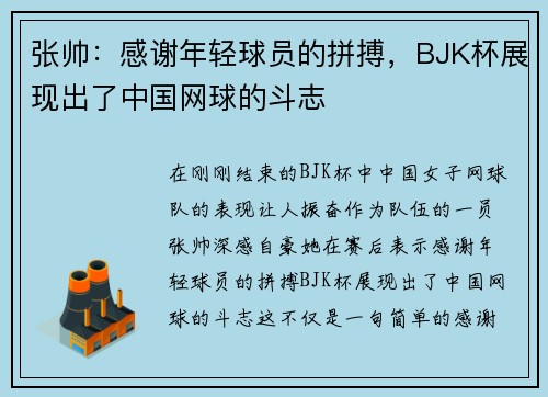 张帅：感谢年轻球员的拼搏，BJK杯展现出了中国网球的斗志