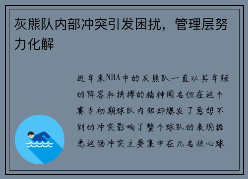 灰熊队内部冲突引发困扰，管理层努力化解