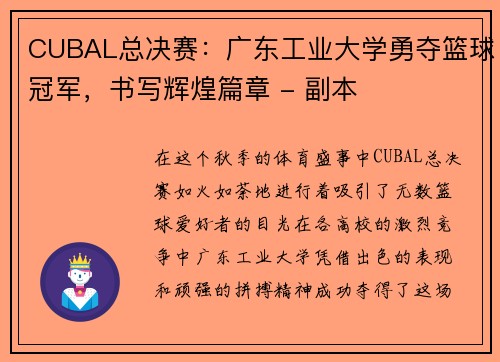 CUBAL总决赛：广东工业大学勇夺篮球冠军，书写辉煌篇章 - 副本