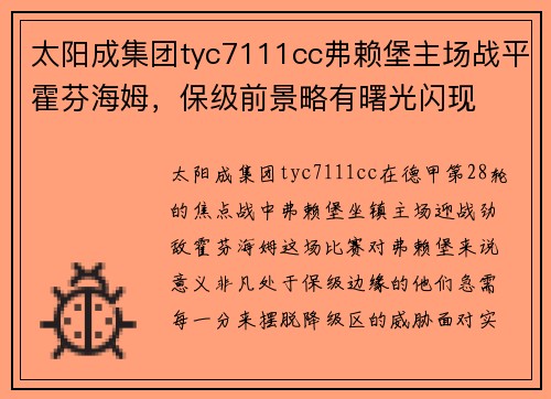 太阳成集团tyc7111cc弗赖堡主场战平霍芬海姆，保级前景略有曙光闪现