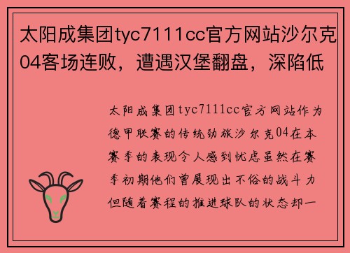 太阳成集团tyc7111cc官方网站沙尔克04客场连败，遭遇汉堡翻盘，深陷低迷困境 - 副本
