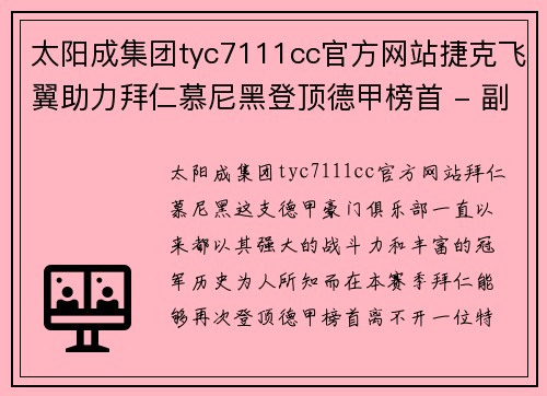 太阳成集团tyc7111cc官方网站捷克飞翼助力拜仁慕尼黑登顶德甲榜首 - 副本