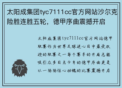太阳成集团tyc7111cc官方网站沙尔克险胜连胜五轮，德甲序曲震撼开启