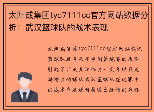 太阳成集团tyc7111cc官方网站数据分析：武汉篮球队的战术表现